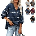 thumbnail image 4 of Blusa con estampado de rayas,Blusa de manga larga con cuello en V Tops de manga larga Blusa con botones para mujer Diseño fácil de usar, 4 of 6