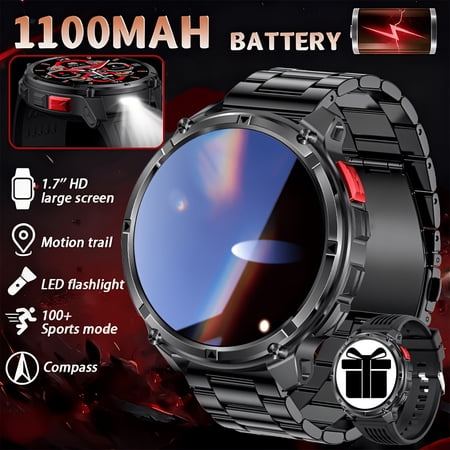 2026 Men's Smartwatch: 1.7-inch HD, 1100mAh, 90-day standby, compass, wireless call, LED flashlight, 200+ watch faces, voice assistant, 120+ sports modes, fitness tracker, holiday gift