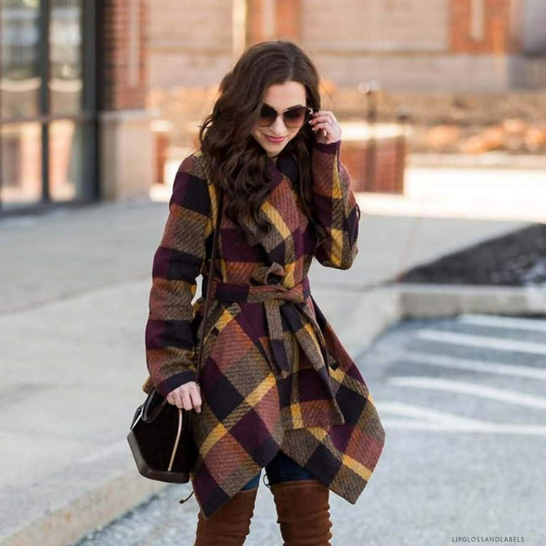 CHICWISH Women s Turn Down Shawl Collar Open Front Long Sleeve Plum Check Asymmetric Hemline Wool Blend Coat