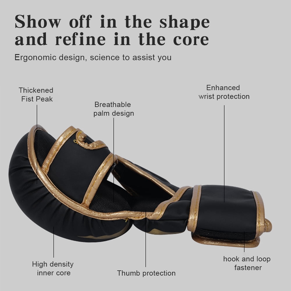 Half Finger Boxing Gloves Thickened Heavy Punching Bag Gloves Exercise Training PU Leather Sponge Gym Mitts Gloves(Children Black Gold)