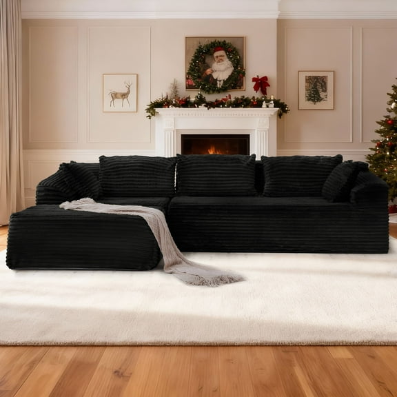 Korser 108" Sectional Couch with L-Shape Chaise Modular Corduroy Sofa for Living Room, No Assembly Required,Black