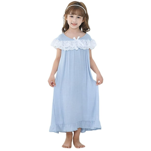 Little Girls Big Girls Lace Shoulder Crew Neck Long Sleepwear Soft Pajama Dress Nightgowns F836