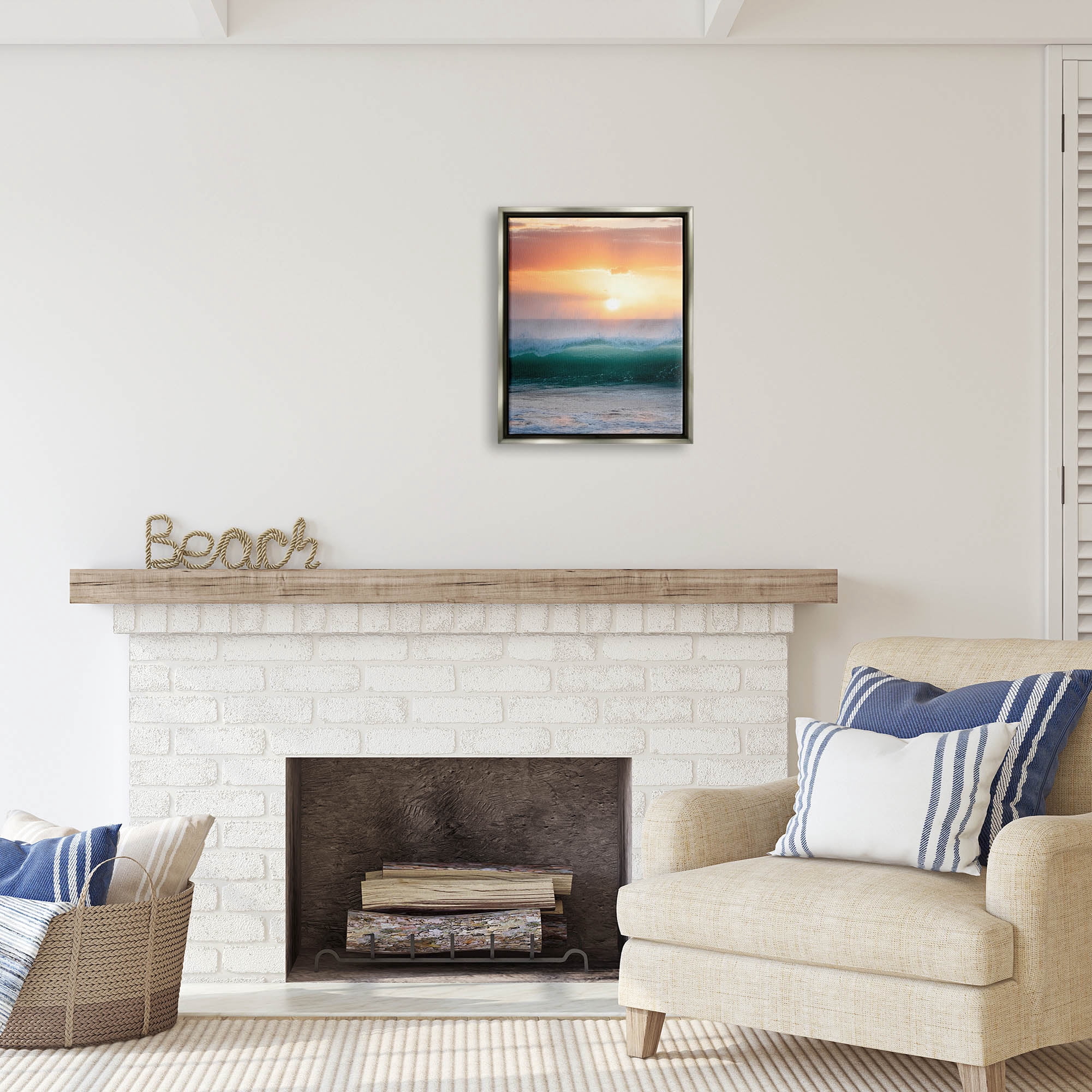 Stupell Industries Orange Sunset Rolling Ocean Waves Coastal Photography Gray Floater Framed Art Print Wall Art