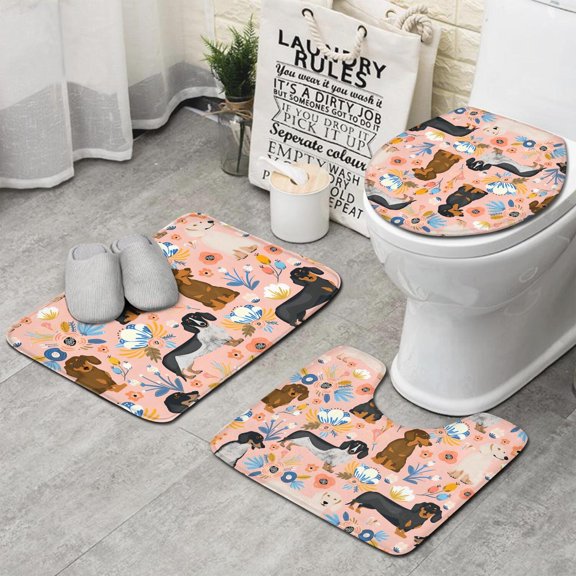 Dachshund and Flower Bathroom Rugs Sets 3 Piece,Toilet Cover Set,Absorbent Non Slip Bathroom Mats Sets with U-Shaped Contour Rug Toilet Rug Set
