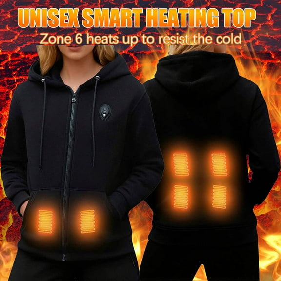 Taylonsss Womens Heated Jacket 6-Zone Warming Solid Color Long Sleeve Coat with Double Pockets Zipper Front Hooded Casual Outdoor Wear for All Season