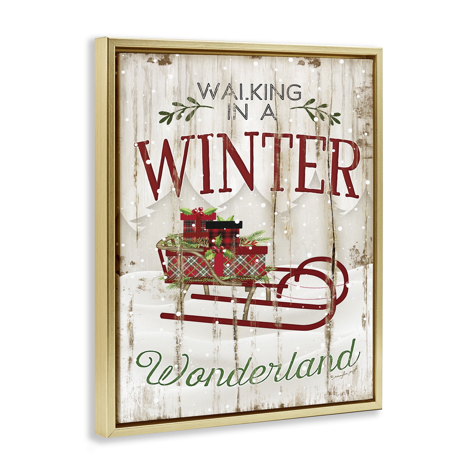 Stupell Industries Rustic Winter Wonderland Sleigh Holiday Painting Gold Floater Framed Canvas Art Print Wall Art, 17 x 21