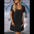 thumbnail image 6 of Ladies Solid Color Square Neck Short Sleeve Fashion Casual Pocket Dress Black S, 6 of 9