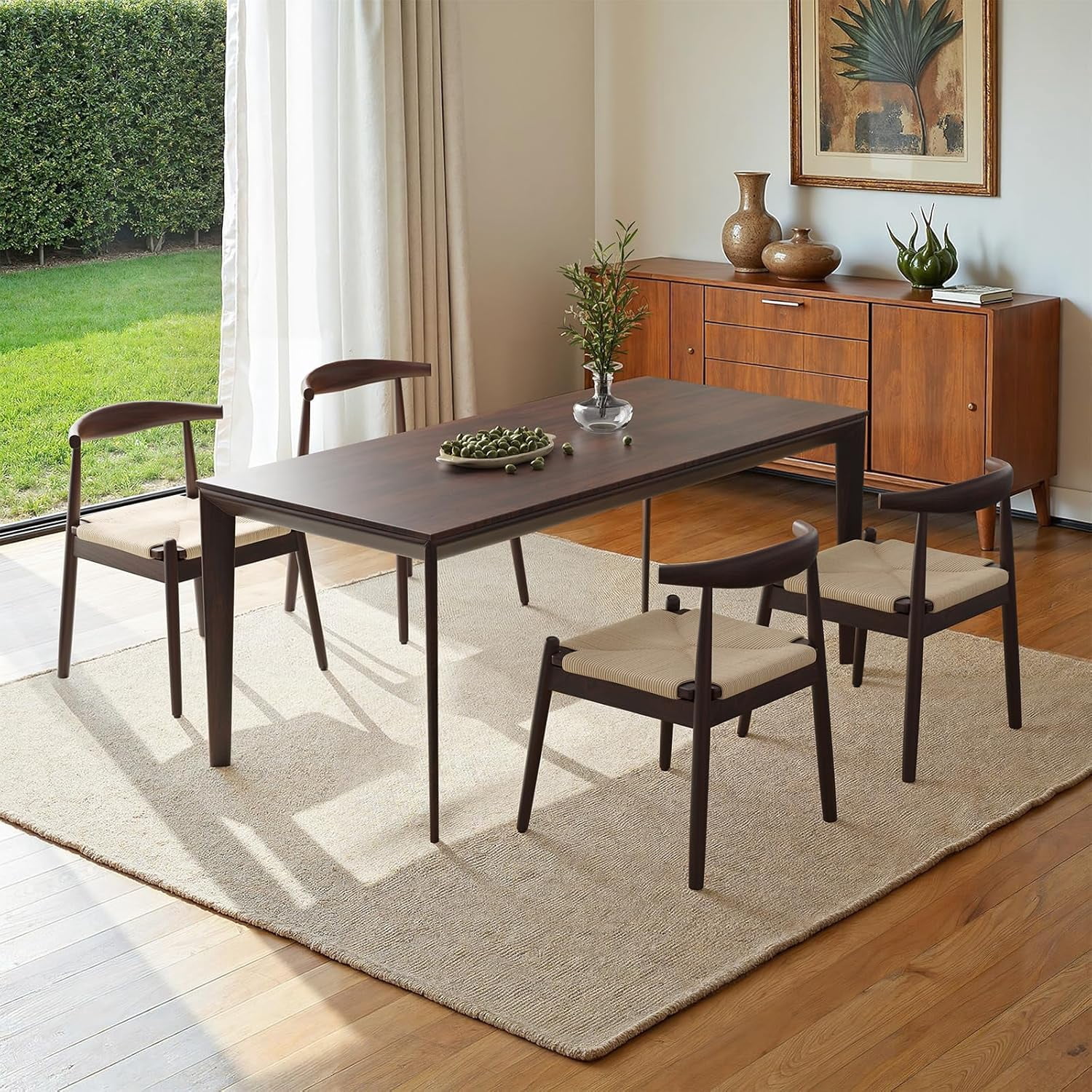 Farini Mid-Century Dining Chairs Set of 4, Solid Wood Frame & Woven Leather Seats, Latte-Beige