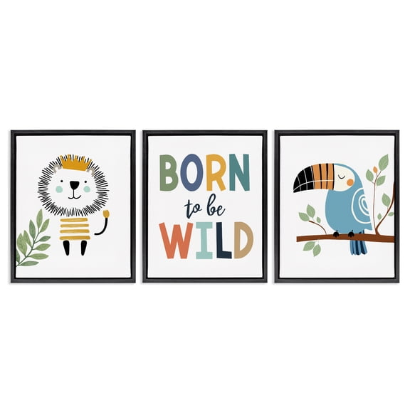 Stupell Industries Born to Be Wild with Animals Animals Painting Black Floater Framed Canvas Art Print Wall Art, 17 x 21, Set of 3