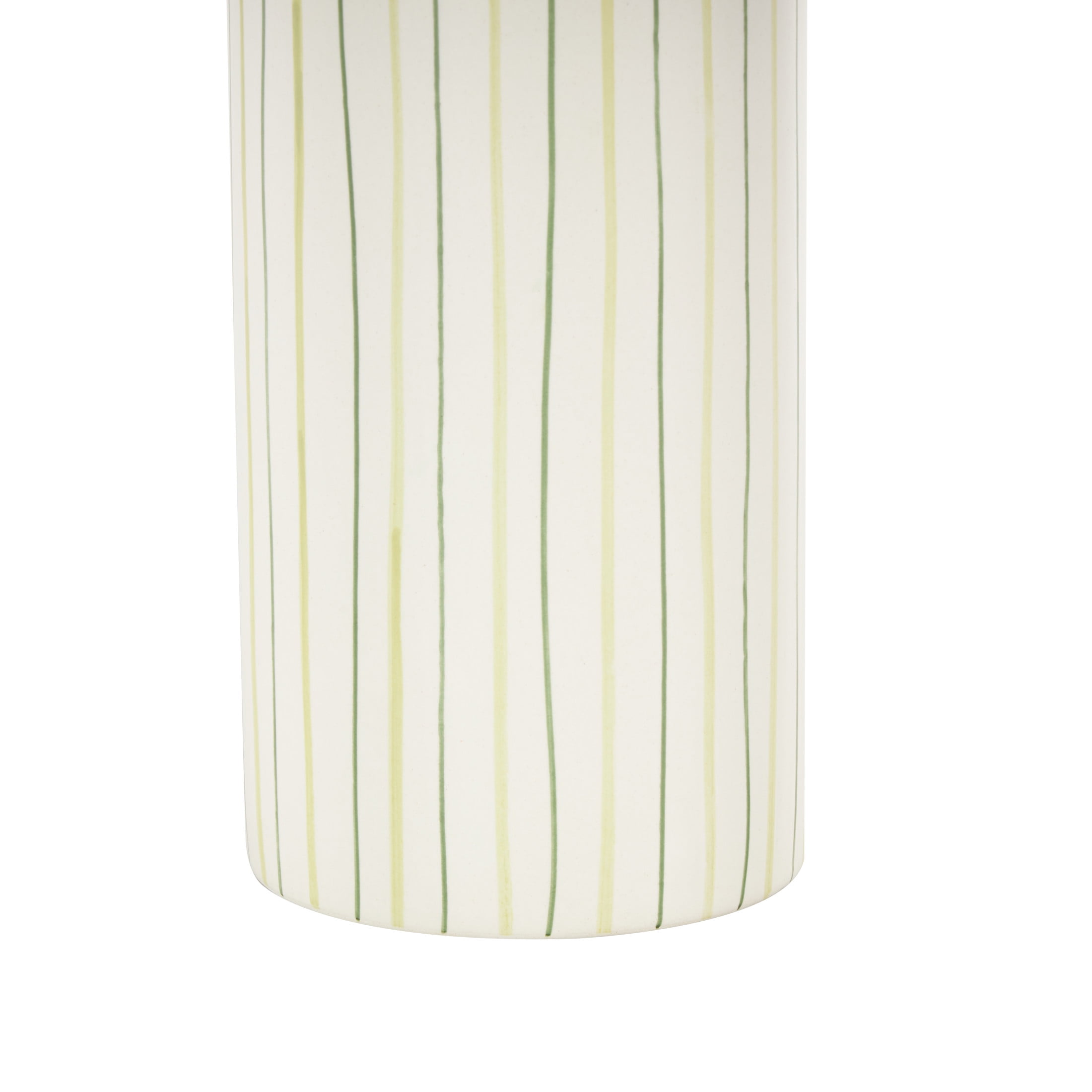 DecMode 12" Abstract Round White Ceramic Vase with Green Linear Patterns