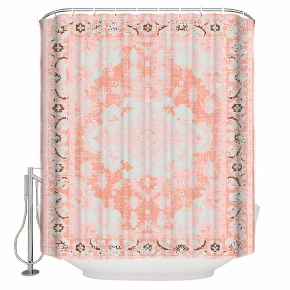 Fabric Shower Curtain, Pink Oriental Geometric Retro Distressed Shower Curtains with 12 Hooks Waterproof Machine Washable Bath Curtains for Bathroom, 54 x 78in