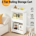 thumbnail image 5 of Wood Rolling Storage Cart 7.9" W, 3 Tier White Slim Utility Kitchen Cart on Wheels Laundry Room Bathroom Organizers Narrow Shelves with Handle Mobile Shelving Unit for Small Places, 5 of 6