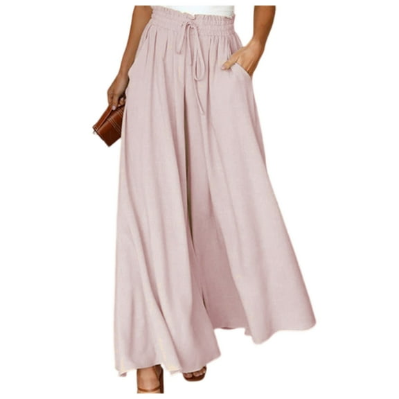 WULMLEO Womens Plus Size Wide Leg Pants Casual Elastic High Waist Flowy Pants Drawstring Palazzo Pants with Pockets Pink S