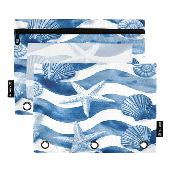 2 Pack 3 Ring Binder Pouch with Clear PVC Window Water Resistant Zipper Pencil Pouch Blue Watercolor Nautical Seamless Tile Binder Pocket for Classroom Office Home Stationery Organization