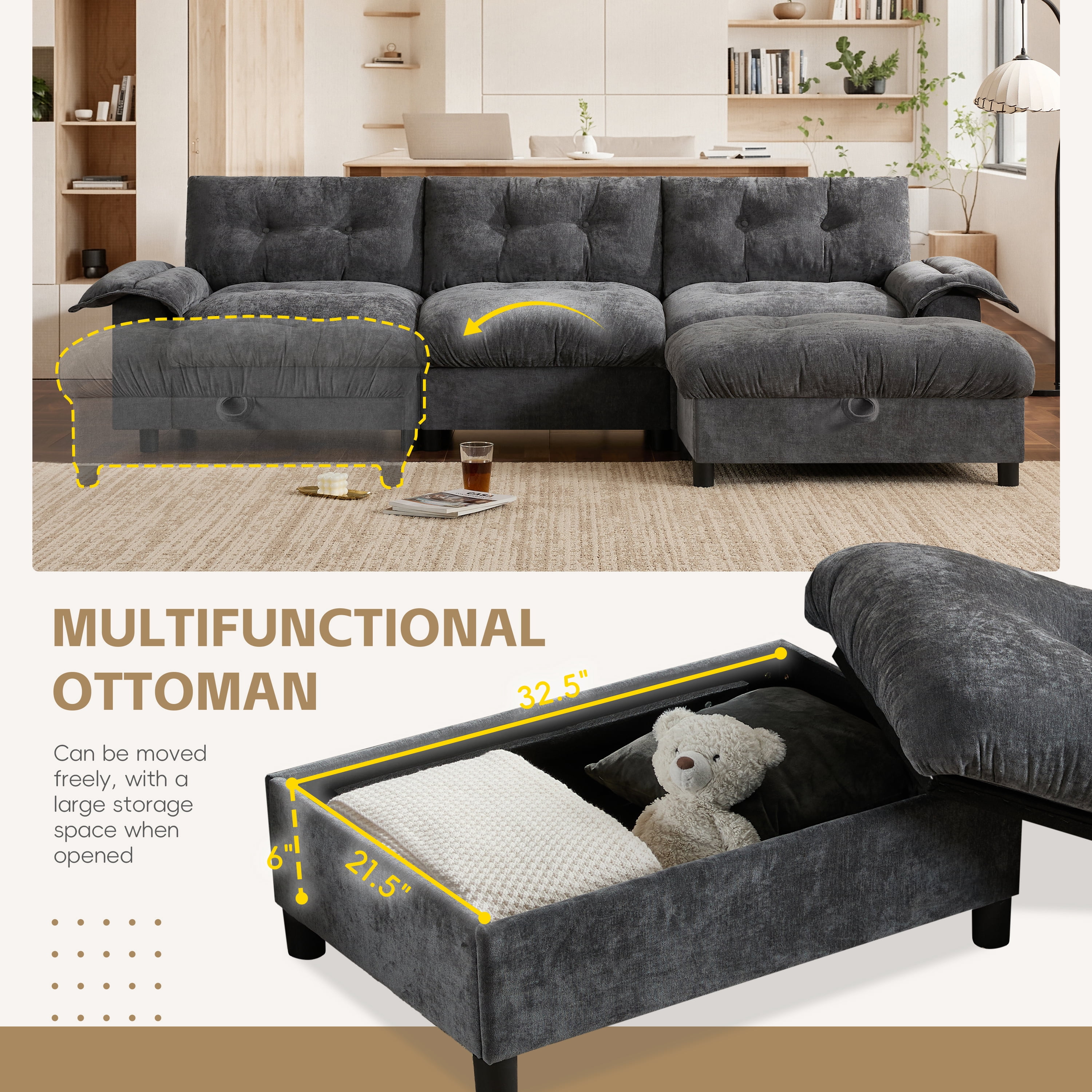 Sectional Sofa, L Shape Sofa, Tufted Sofa with Multifunction Pull-Out Armrest and Storage Ottoman, Chenille Couch with Side Storage Pockets, for Living Room, Dark Gray