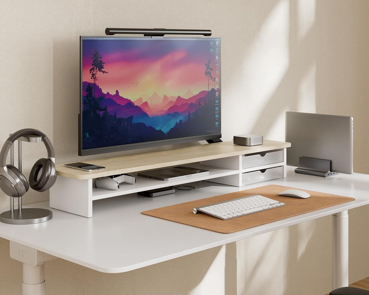 Monitor Stand, Dual Monitor Riser, 42.5inch Large Desk Computer Monitor Stand Riser with Drawer, 2 Tier Wood & Acrylic Desktop Organizer for Computer, Laptop, Printer, TV Screen Riser