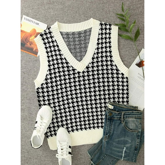 Sdencin Women Houndstooth Pattern Knit Sweater Vest Sleeveless Loose V-Neck 90S Waistcoat Pullover Knitwear Top