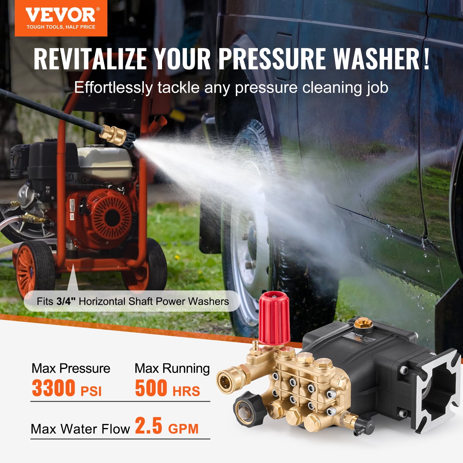 VEVOR Pressure Washer Pump, 3/4" Shaft Horizontal Triplex Plunger, 3300 PSI, 2.5GPM, Replacement Power Washer Pumps Kit with 5 Nozzles, Compatible with Simpson MorFlex 40224, 40225, 40226, Santoprene