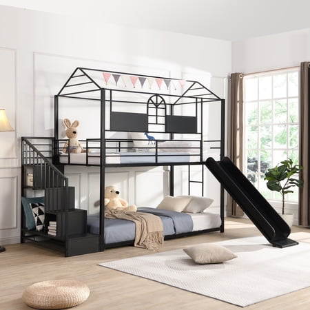 Royard Oaktree Twin-Over-Twin Bunk Bed With Slide and Steps Metal House Bund Bed Frame with Roof and Guardrail  No Box Spring Needed