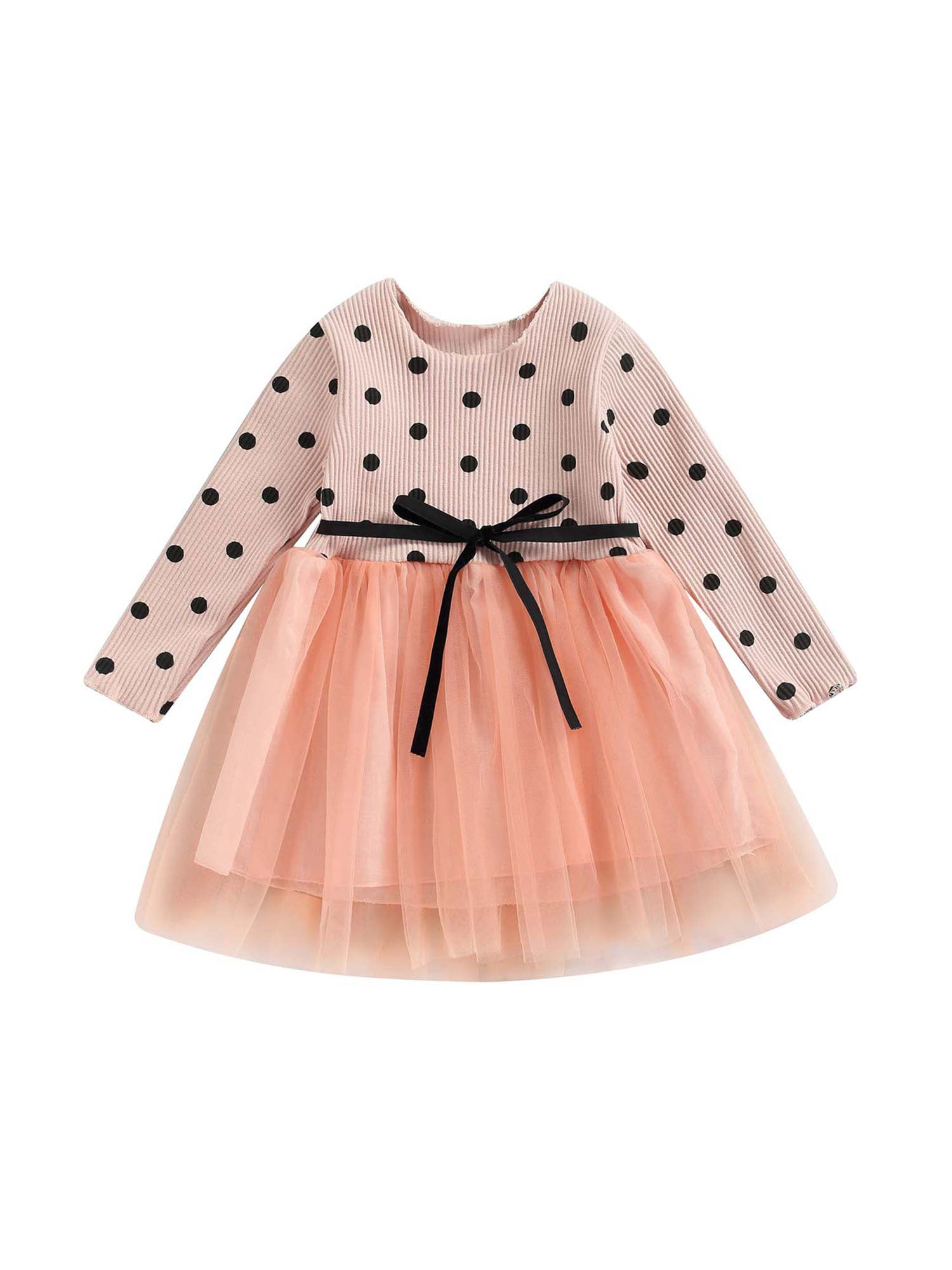 Kids Girls Princess Dress Long Sleeves Polka Dots Pattern Birthday Party Dress