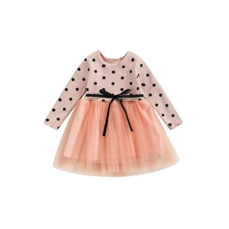 

Amuver Infant Girls Casual Dress Dots Print Round Neck Long Sleeve Yarn Dress Black/ White/ Pink/ Grey