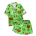 thumbnail image 6 of Hpapadks Halloween Women Pajama Sets Satin Silk Pumpkin Graphic Short Sleeve Sleepwear 2 Piece Button Down Top and Shorts Pjs Sets for Women Green, 6 of 7
