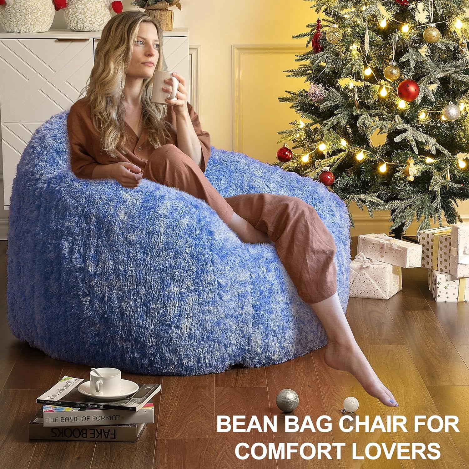 Home Lazy Sofa Bean Bag Chairs for Adults, Faux Fur Bean Bag Chair with Filler, Soft Plush Living Room Beanbag Chair Armrest Bean Bag Couch, Fluffy Couch Lazy Sofa Chair for Reading