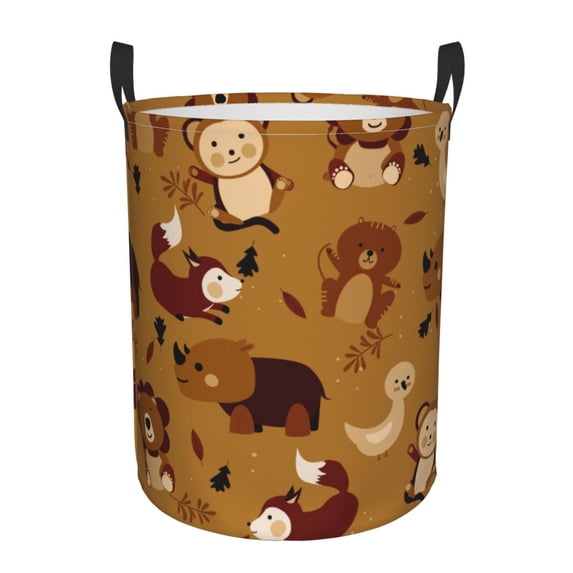DouZhe Waterproof Collapsible Large Laundry Baskets, Cartoon Cute Animals Brown Prints Circular Hamper with Handles