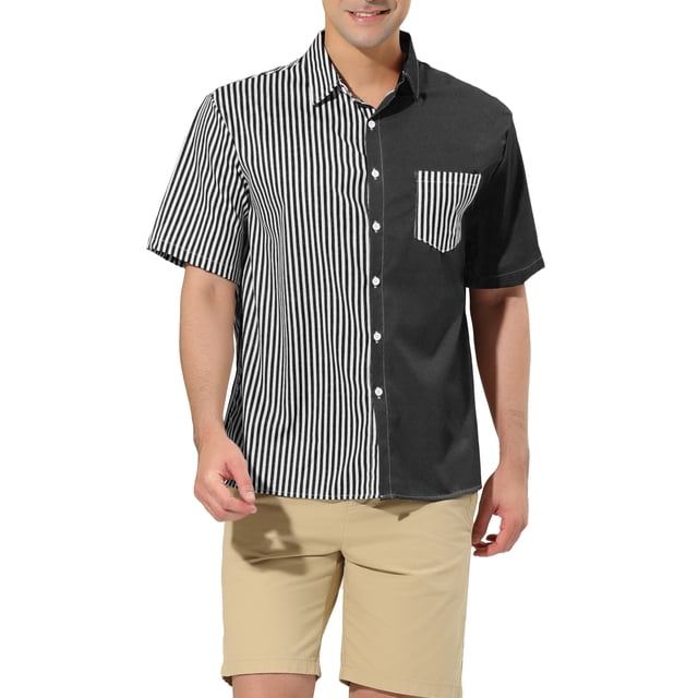 Lars Amadeus Men's Shirts Short Sleeve Summer Cotton Patchwork Button Down Shirts S Black White