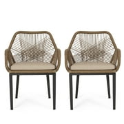 GDF Studio Fromberg Outdoor Wicker Dining Chairs, Set of 2, Light Brown, Matte Black, and Beige