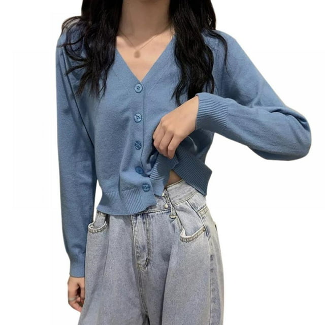 Hot Sales! Women Knit Cardigan Long Sleeve Button Down V Neck Thin Jacket (Blue)