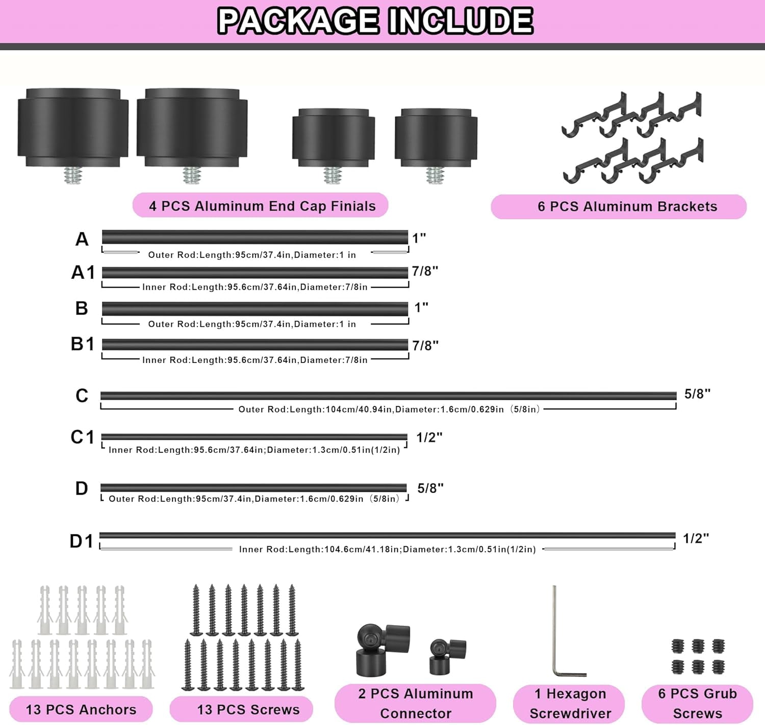 Black Double Corner Window Curtain Rods with Aluminum End Cap Finials and Brackets,1 Inch Diameter Dual Bay Window Curtain Rods, Adjustable 2 Sided 36-72 Inch Double Drapery Rod