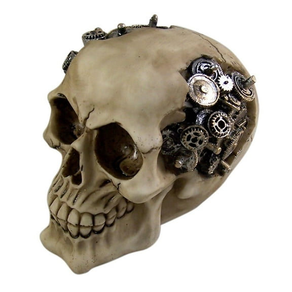 Steampunk Cyborg Protruding Gear Work Human Skull Statue Clockwork Gear Design Skeleton Cranium Figurine