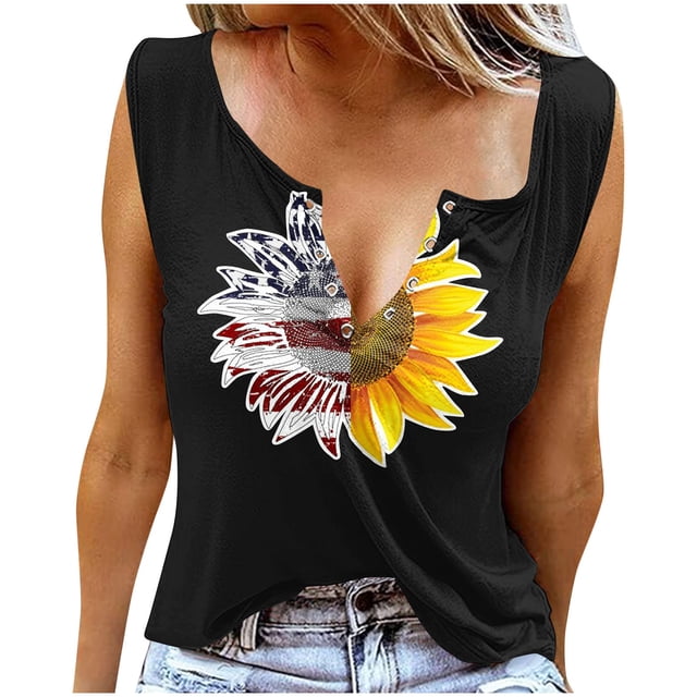 Camisetas para las Mujeres Día de la Independencia Impresión Suelta Cuello Redondo sin Mangas, Camisetas de Verano para las Mujeres