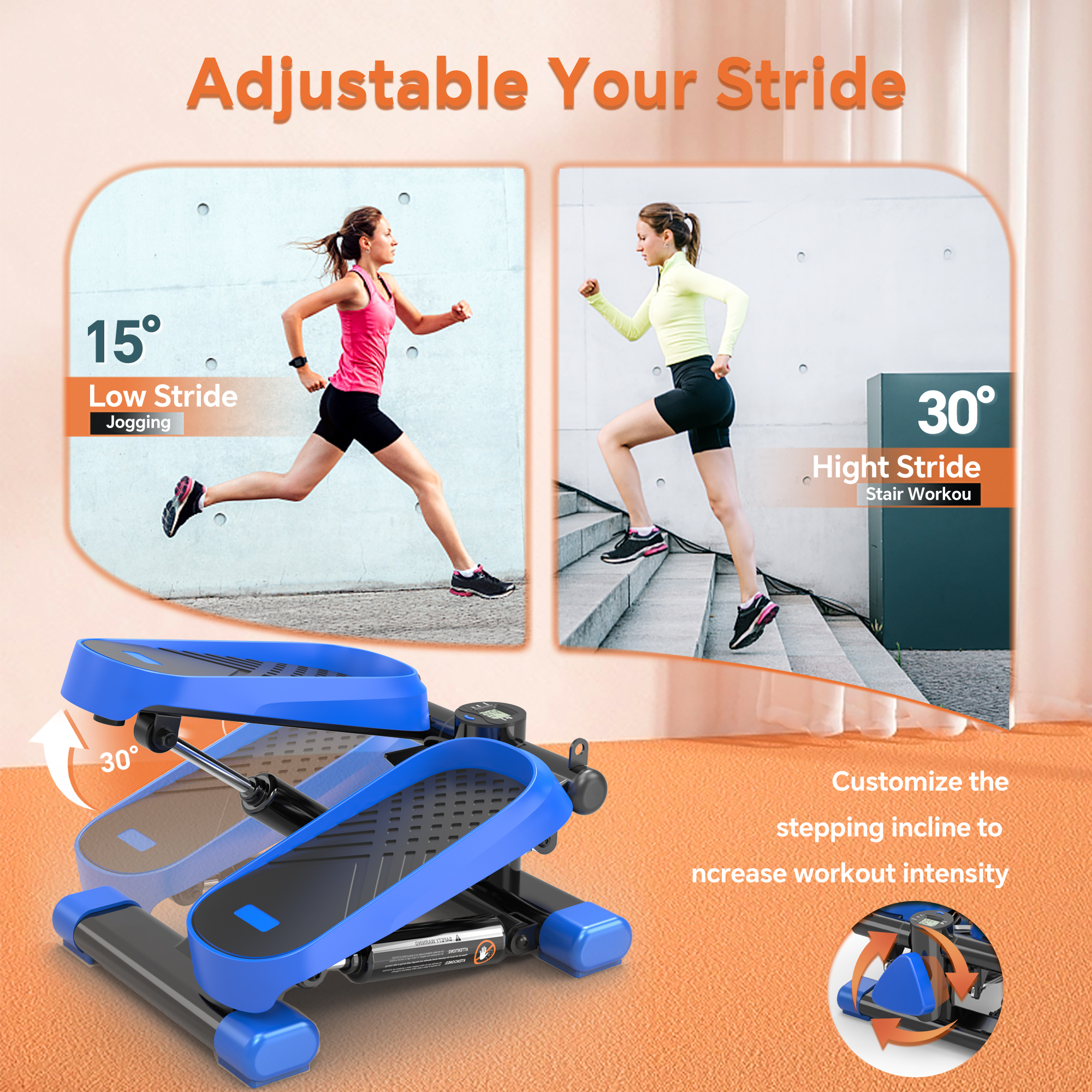 Mini Steppers for Exercise, Stair Stepper for Home with Resistance Bands Stepper with LCD Monitor, Black+Blue