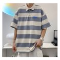 thumbnail image 2 of Camisa a rayas de manga corta para hombre, blusa superior holgada informal con cuello vuelto y botones para citas, 2 of 8