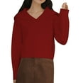 thumbnail image 2 of VISALY V Neck Pullover Sweater Cotton Sweaters Trendy Long Sleeve Sweater Tops Fall Chunky Cable Knit Pullover Sweaters Business Casual Sweater Business Casual Sweaters Soft Sweaters Red One Size, 2 of 7