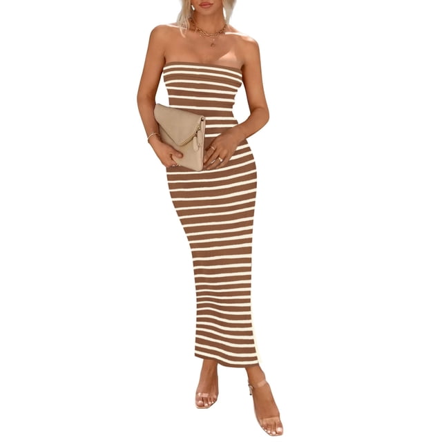 Vestido PRETTYGARDEN Maxi Strapless Ajustado con Abertura Marrón Talla S