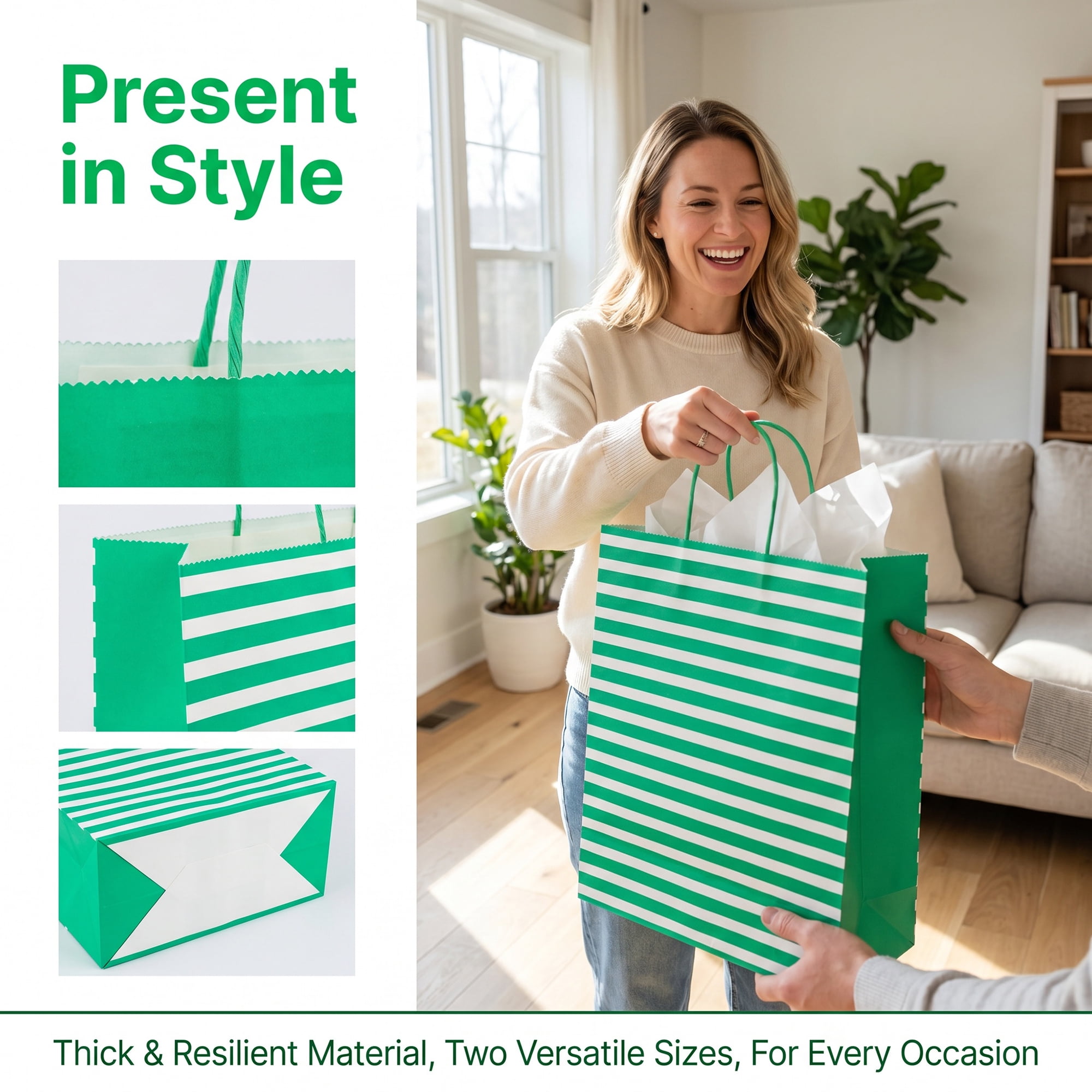 Unique Bargains Horizontal-stripe Gift Bag for Celebrations Green 5.2" x 3.2" x 8.4"