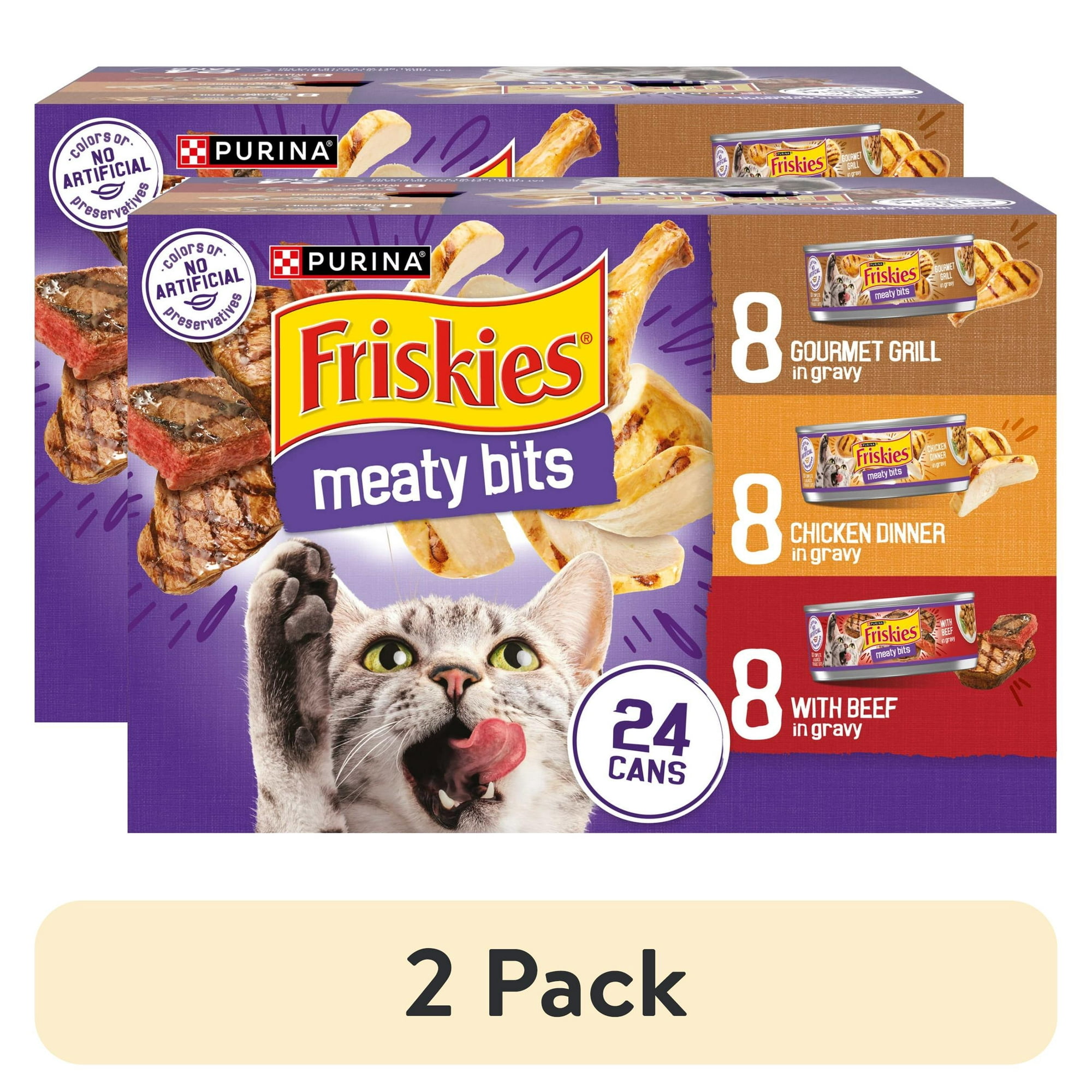 (2 pack) Friskies Meaty Bits Gourmet Grill, Chicken Dinner, & Beef Wet Cat Food Variety Pack, 5.5 oz Cans (24 Pack)