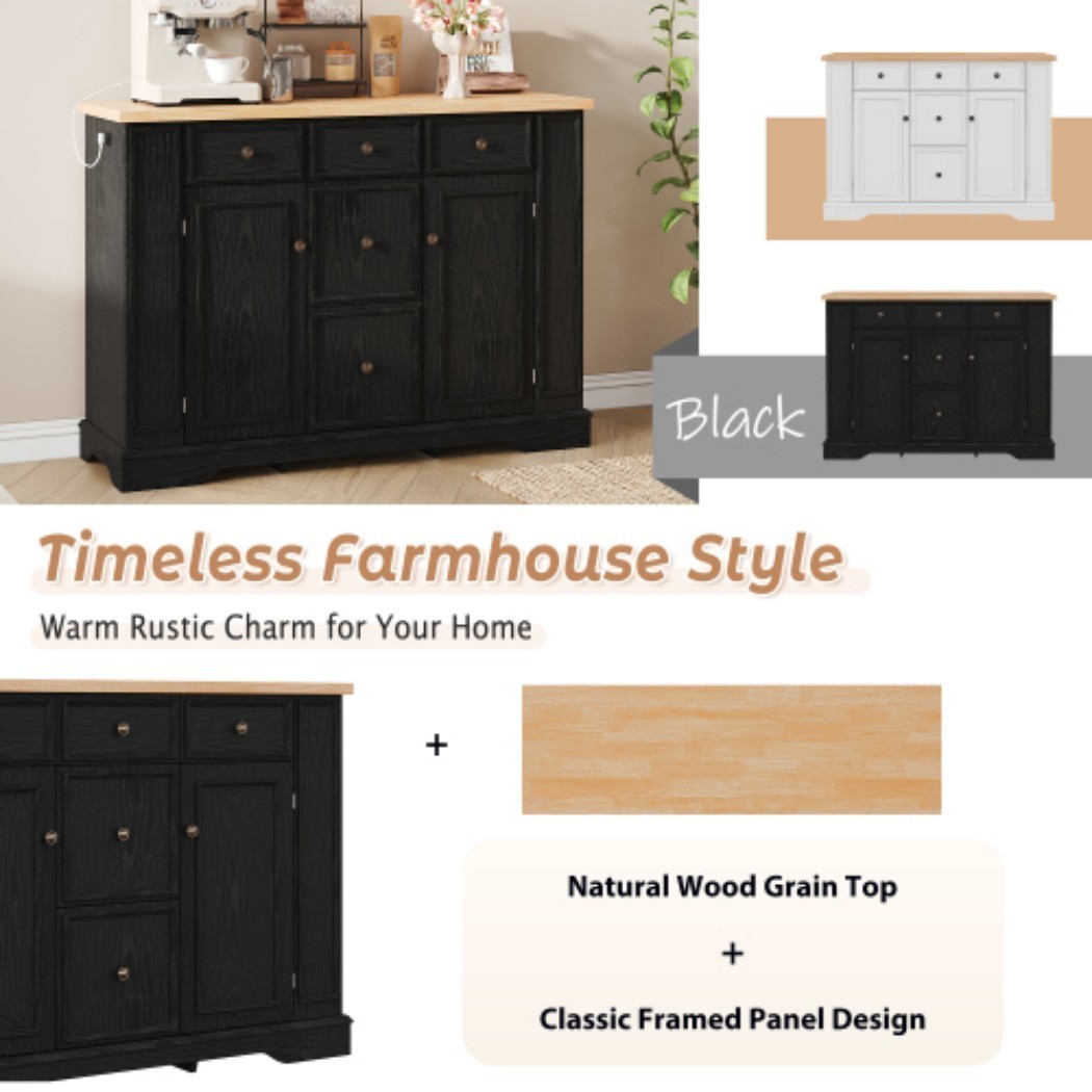 51.2" Farmhouse Sideboard Buffet Cabinet, Storage Cabinet with 5 Drawers, 2 Doors, Adjustable Shelves & Outlet, Console Table for Dining Room, Kitchen & Entryway, Black