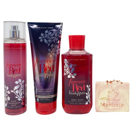 Bath & Body Works Forever Red Vanilla Rum Trio Gift Set – Fragrance Mist Body Cream and Body Lotion – with a Himalayan Salts Springs Bar Soap – Full Size