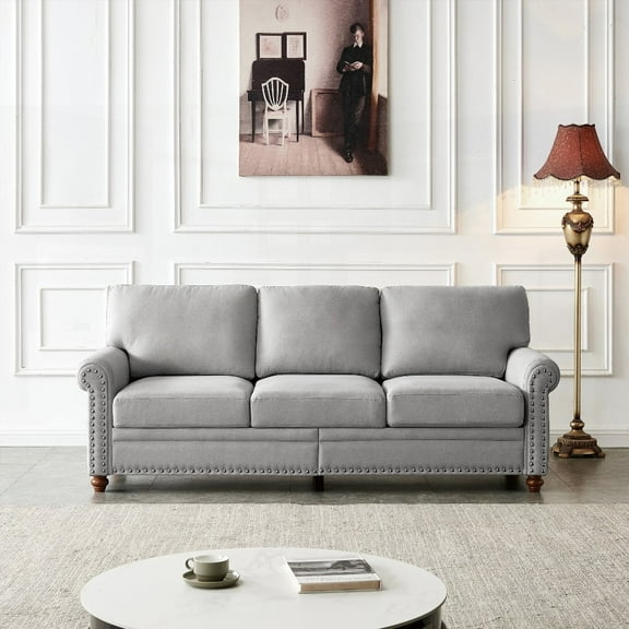 Grey Linen Upholstery Sofa - High-Quality Solid Wood Frame, 7in Thick Seat Cushion