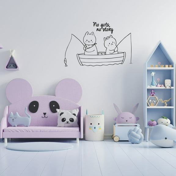 No Guts No Story - Cute Little Little Chubby Cats Happy Fishing Decor Vinyl Wall Art Wall Sticker Wall Decal Home Kids Recreational Fishing Bedroom Boys Girls Wall Decor Design Size (18x20 inch)