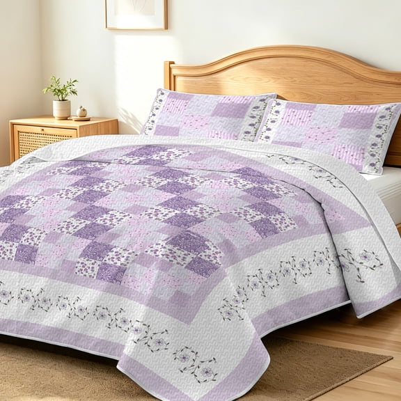 FIVERAM Bedspread for Queen Bed,3 Piece Purple Floral Patchwork Quilt Set,Shabby Chic Bedding Set,Lightweight Coverlet Queen Size for Bedroom Decor