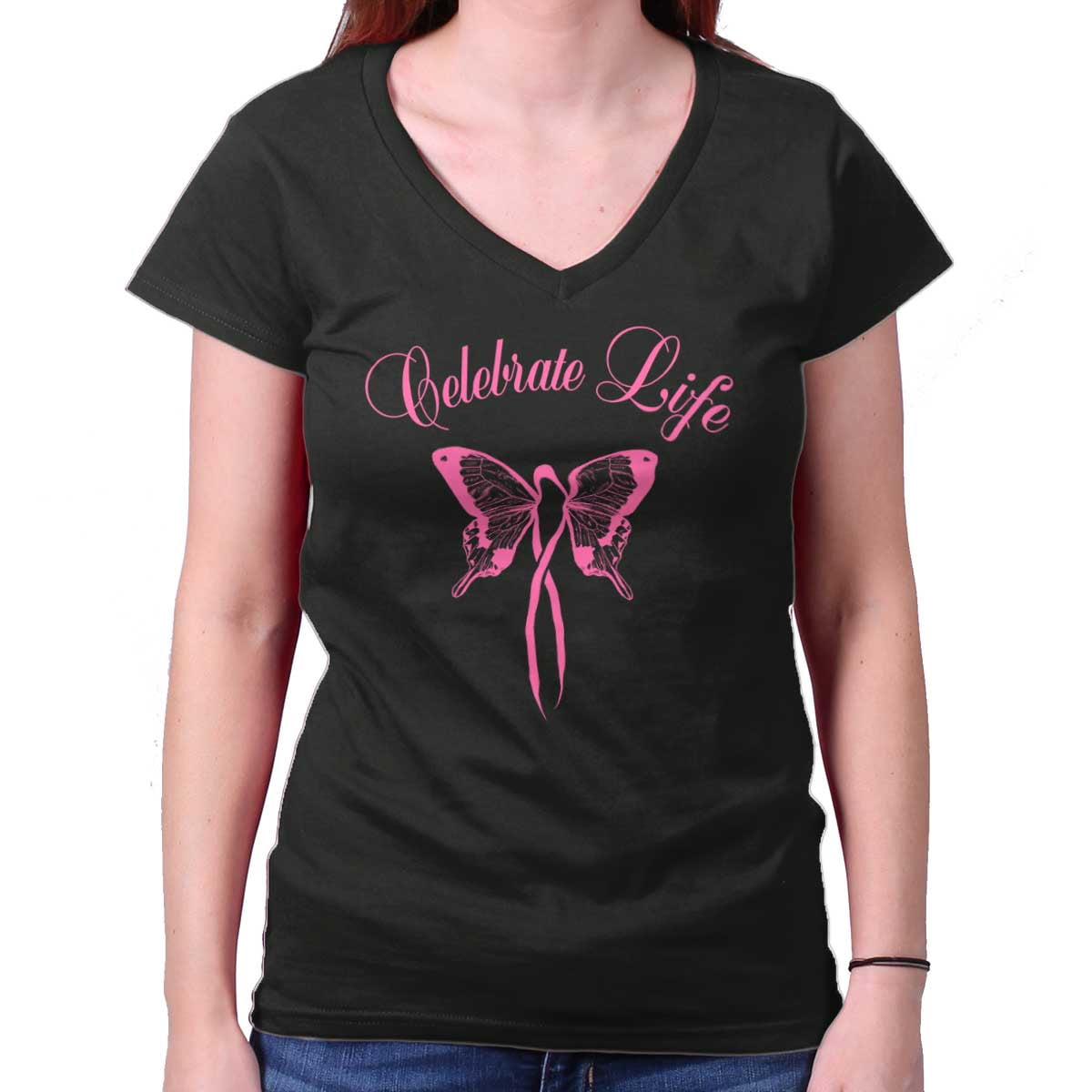 Breast Cancer Awareness ShirtCelebrate Life Pink Butterfly V-Neck T Shirt
