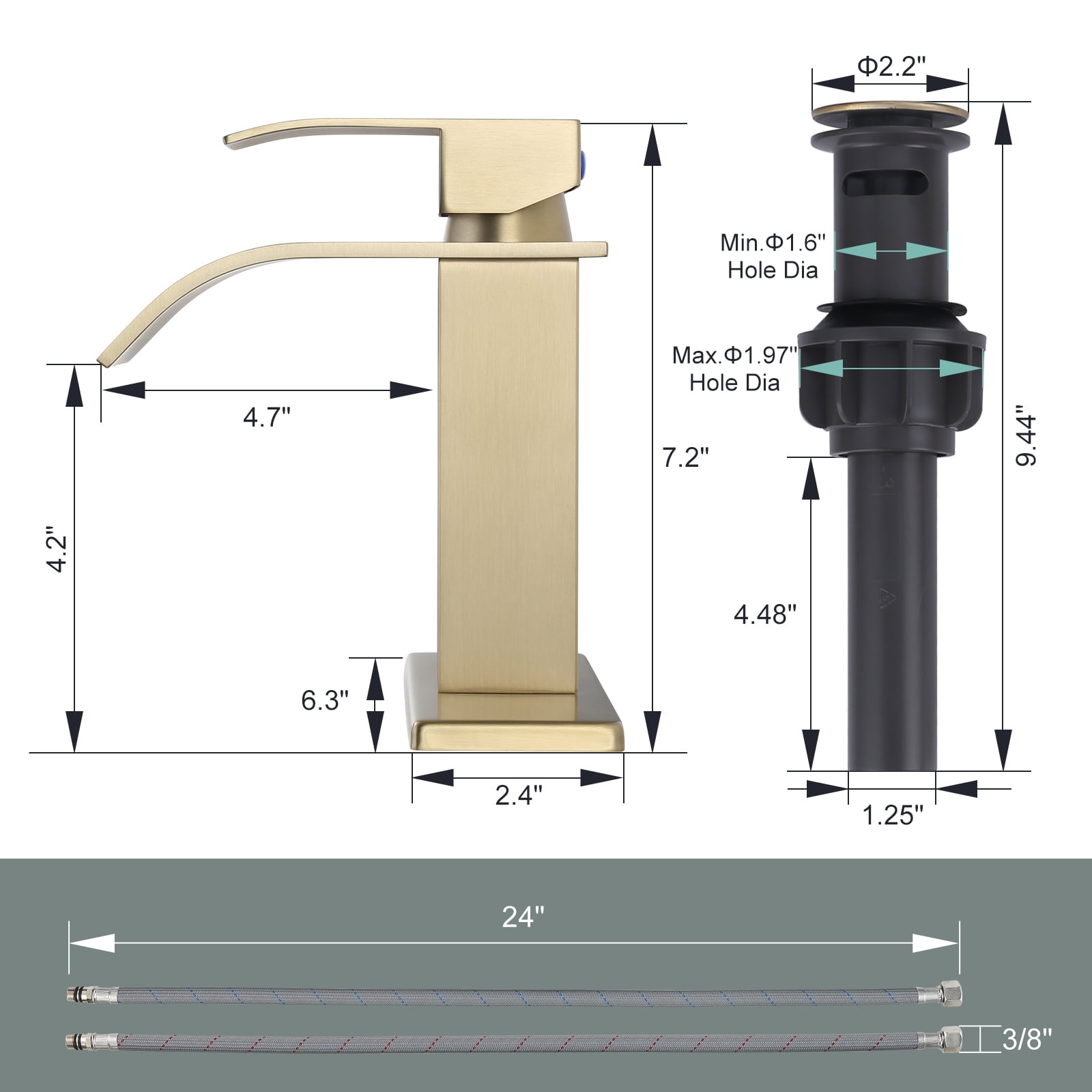 Wowow Waterfall Bathroom Faucet Gold Faucet for Bathroom Sink Single Handle Mixer Tap Lavatory Vanity Faucet with Deck Plate and Pop Up Drain, 1 or 3 Hole