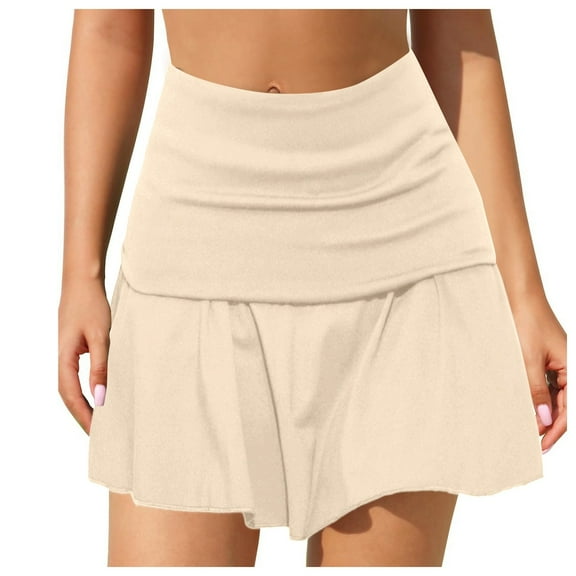 Riforla Women's Plain Pleated Skirt Women's Sports Waistband Skirt A Line Womens Skirts Beige M
