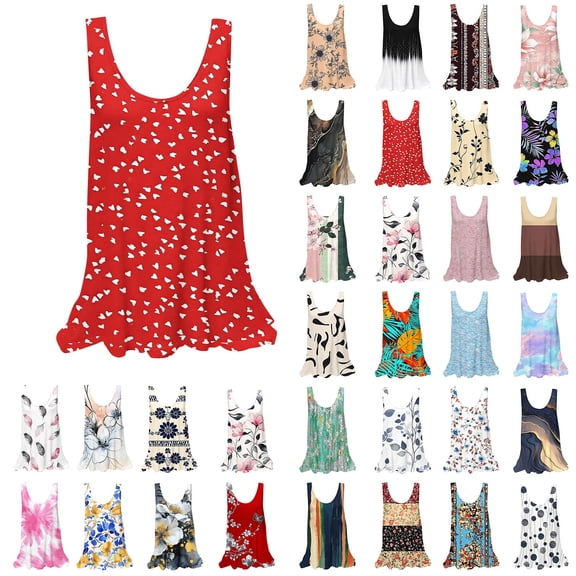 Yourumao Womens Tank Tops Ruffle Hem Sleeveless Shirts Scoop Neck Floral Printed Tanks Flowy Graphic Tees for Summer Vacation