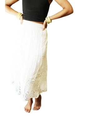Mogul Women Midi Skirt, Ivory Cut Out Design Handmade Boho Skirts, Tiered Summer Beach Long Skirts S/M